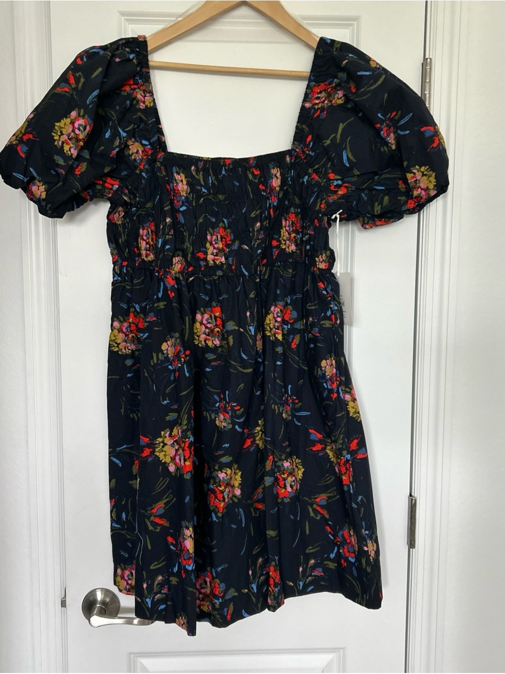 Free Assembly Women's Peasant Mini Dress, Size XL- Navy w/ Flowers NWT